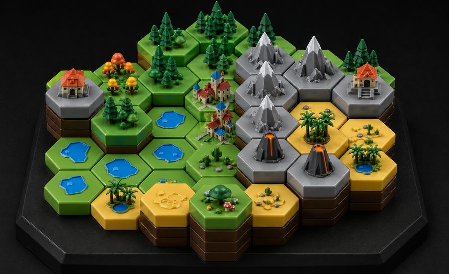 Low-poly stacked hex board with sculpts